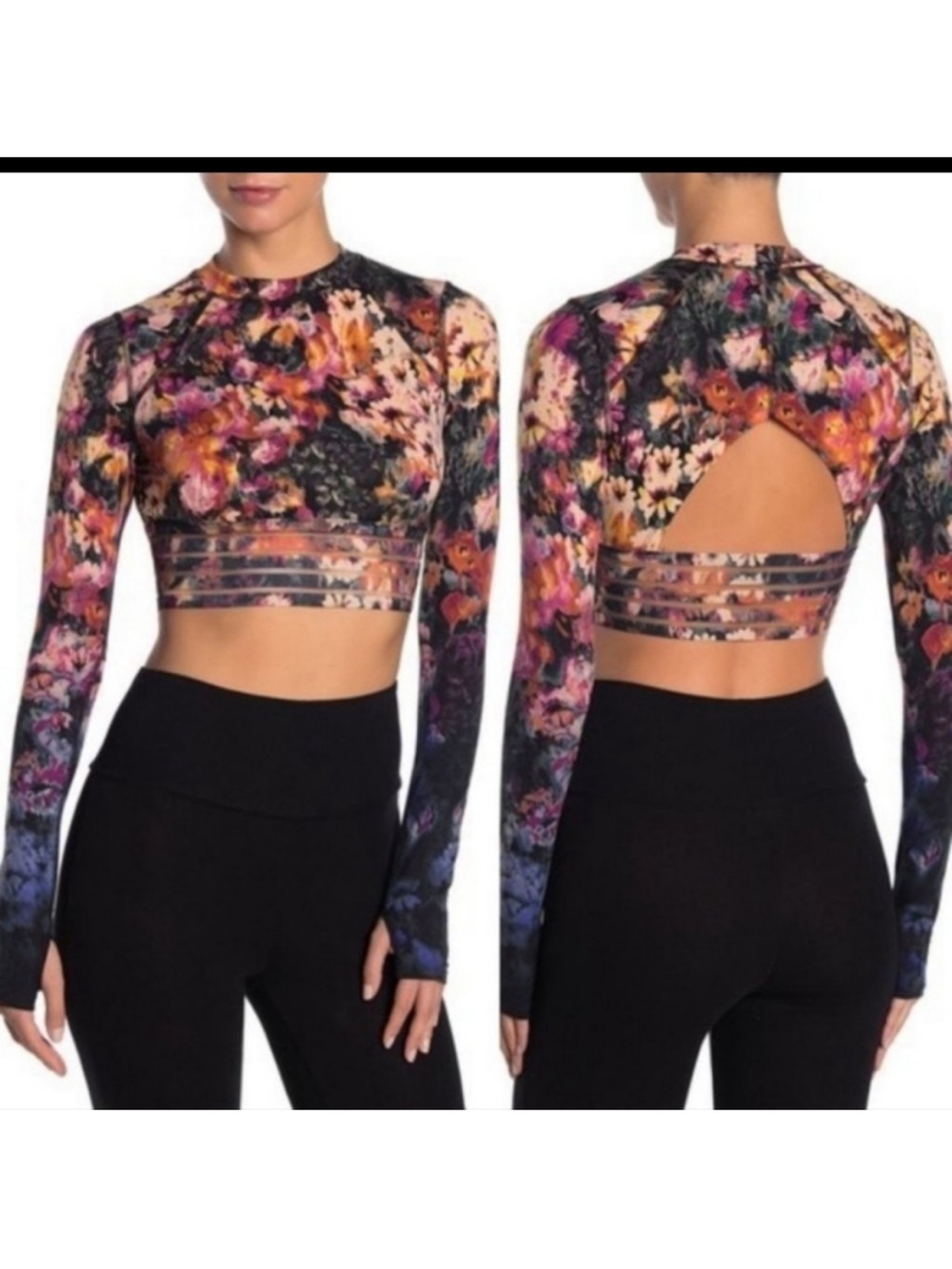 Free People Movement Idris floral mesh paneled mock neck crop top - Women’s M